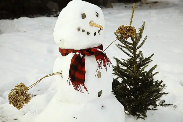 A decorated snowman outdoors on the snow.